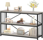 IBF 47" Gray 3 Tier Low Bookcase,Industrial Modern Short Horizontal Etagere Bookshelf, Simple Wide Open Rustic Metal and Wooden Book Shelf for Bedroom Living Room Home Office Storage, Light Grey Oak