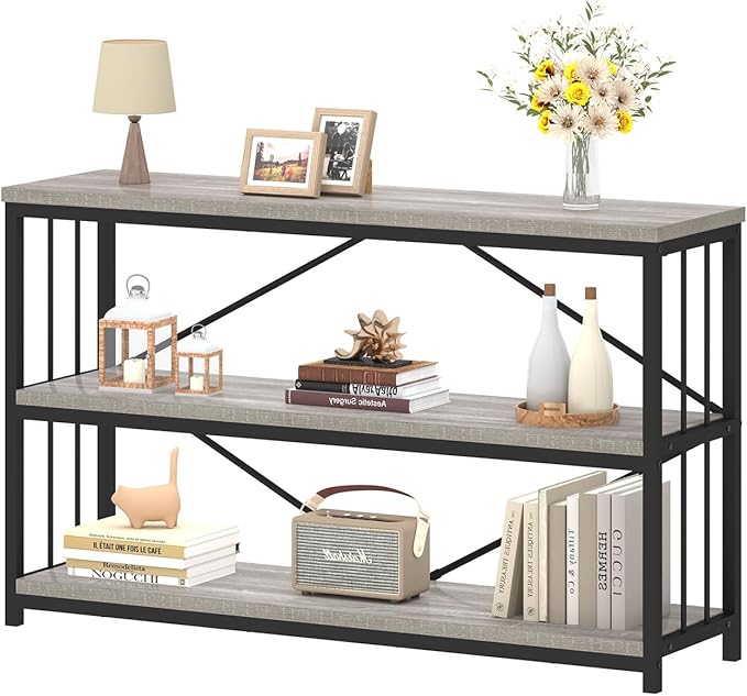 IBF 47" Gray 3 Tier Low Bookcase,Industrial Modern Short Horizontal Etagere Bookshelf, Simple Wide Open Rustic Metal and Wooden Book Shelf for Bedroom Living Room Home Office Storage, Light Grey Oak