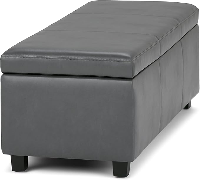 SIMPLIHOME Avalon Storage Ottoman Bench - 48 inch Wide Upholstered Vegan Leather Rectangular Lift-Top Ottoman in Stone Grey, Contemporary Storage Bench for Living Room with High-Density Foam