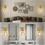 Crystal Brass Dome Wall Sconce - Luxury Brushed Lighting Fixture with K9 Crystals Cloche - Set of 2 Modern Gold Sconces - Dimmable Indoor Hanging Light for Bathroom Bedroom Living Room Stair Hallway