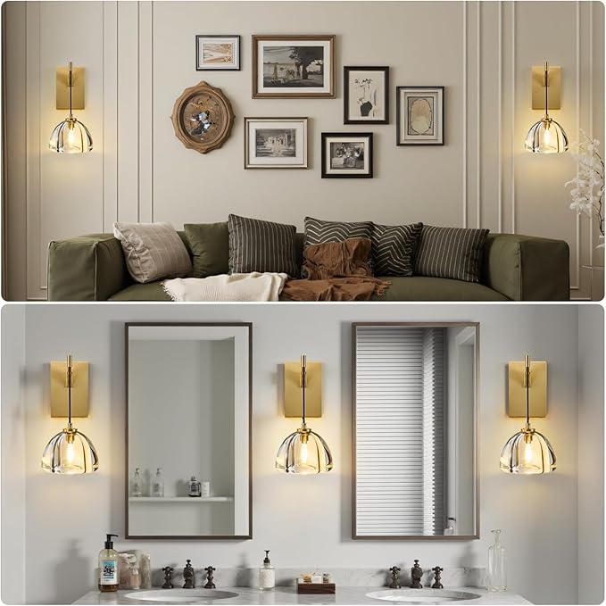 Crystal Brass Dome Wall Sconce - Luxury Brushed Lighting Fixture with K9 Crystals Cloche - Dimmable Indoor Hanging Light - Modern Gold Sconces for Bathroom Bedroom Living Room Stair Hallway