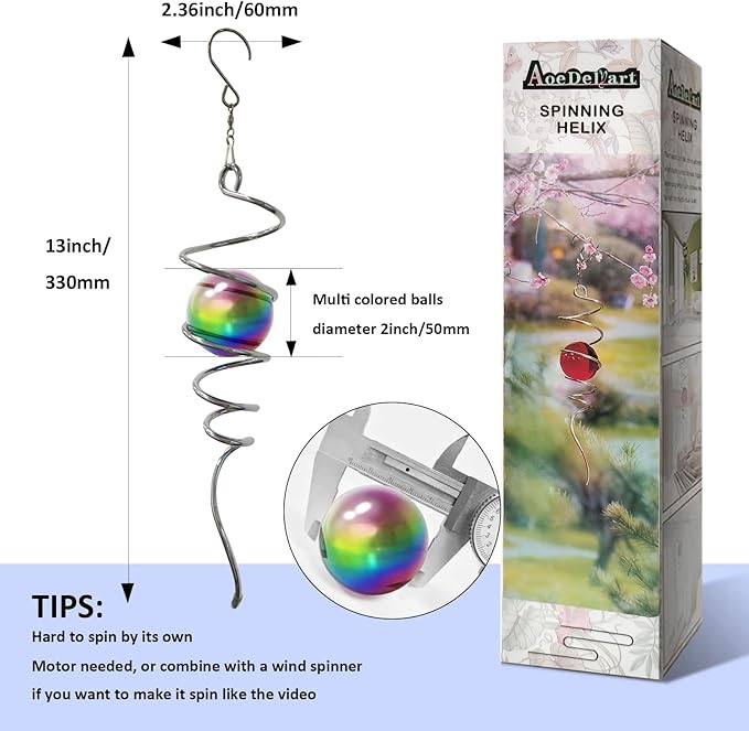 Multi Color Wind Spinner Tail Gazing Ball Spiral Decorative Sun Catcher Visual Illusion Wind Spinner Stabilizer Indoor Outdoor Garden Decoration Wind Sculptures-13in Height