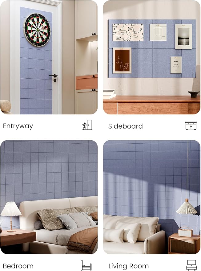 Bumusty Large Felt Bulletin Board, 36" x 24" Cork Board Alternative, 6-Pack Wall Tiles with 4-Compartment Design, 30 Push Pins, 40 Adhesive Tabs, Ideal for Office & Home Decor, Soft Periwinkle