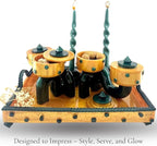 Luxury Centerpiece Serving Pedestal Bowl & Candle Holder Stand Combo with Stone Accents (Gold Combo Pedestal Bowl with Green Candle Holder Stand & Stone Accents, Set of 2)