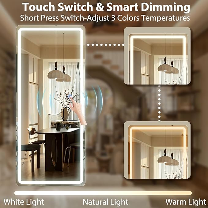 GLSLAND 65"x26" LED Mirror Full Length, Aluminum Alloy Floor Mirrors with Lights, 3 Color Lighting & Dimming for Bedroom Decorative Wall Mounted, White