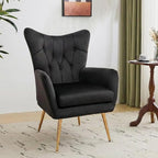 Modern Chic Mid-Century Velvet Accent Armchair for Living Room, Bedroom, or Home Office, Button-Tufted Wingback Design with Gold Flared Legs, Black