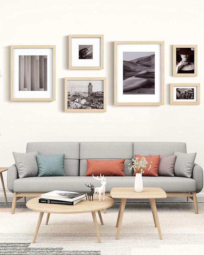 Egofine A4 Picture Frames Set of 4, Made of Solid Wood Covered by Plexiglass 5x7 and 6x8 with Mat or A4 without Mat, for Table Top Display and Wall Mounting Photo Frame Oak Wood