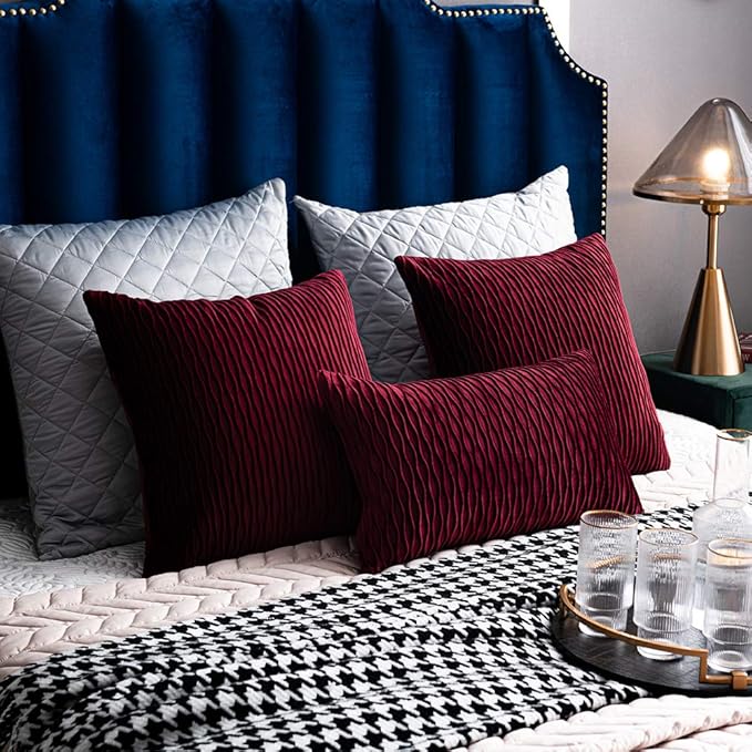 Burgundy Throw Pillow Covers: 2 Pack 12x20 Inch Original Striped Velvet Rectangular Decorative Pillow Cases for Farmhouse Couch