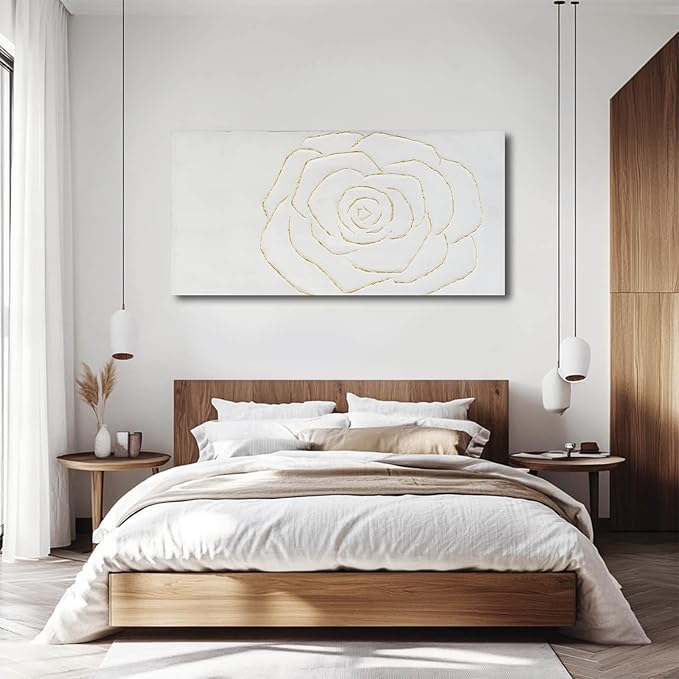 NBAODAN Textured Wall Art Abstract Floral Painting White Pictures Wall Decor Gold Line Art 24"x 48" Large Artwork For Living Room Bedroom office Wall Decor