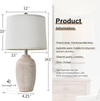 24 inch Vintage Ceramic Table Lamp - Single Farmhouse Rustic Bedside Lamp with Natural Textured Finish, Nightstand Lamps for Living Room, Bedroom, End Table Beige