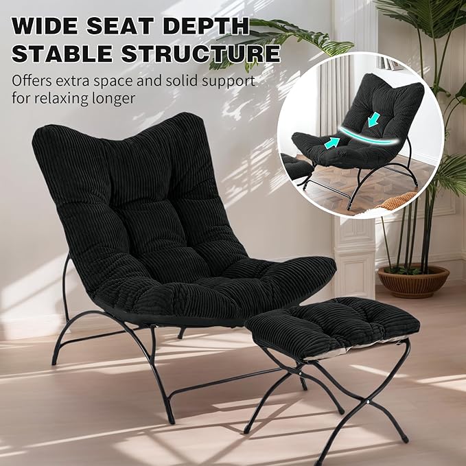 Welnow Modern Accent Chair with Ottoman, Upholstered Comfy Lounge Recliner Sofa, Thick Cushion Oversized Lazy Reading Chair with Footrest for Living Room, Bedroom, Apartment, Office, Dorm, Black
