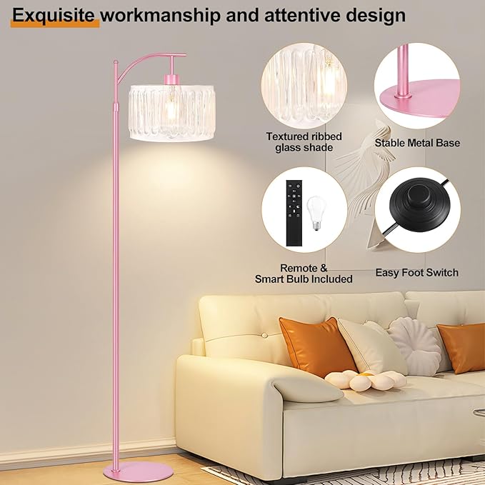 Pink Floor Lamp for Living Room,Bedroom,Gold Dimmable Standing Lamp with Remote,Mid Century Modern Brass Tall Lamp Boho Floor Lamps Arc Stained Glass Flower Floor Light Lamp Girls kids Bohemian