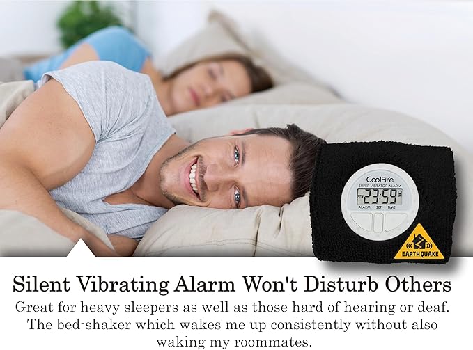 Coolfire Vibrating Alarm Clock - Silent Alarm Wristband Vibrating Alarm Watch. Silent Wrist Shock Alarm Clock. Vibration Alarm Bracelet Deep Sleeper & Vibrate Alarm (Black) (Black)