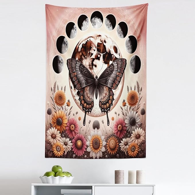Ambesonne Boho Tapestry, Springtime Butterfly Art with Delicate Floral Garden and Dreamy Moon Circle, Fabric Wall Hanging Decor for Bedroom Living Room Dorm, 30" X 45", Pale Ruby Dark Taupe