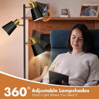 Tree Floor Lamp for Living Room, Industrial 3-Light Standing Lamp with 3 LED Bulbs, Adjustable Rotation Heads, Standing Tall Pole Lamp Farmhouse Rustic Reading Lamps for Bedroom Office (Black Gold)