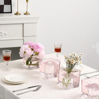 Square Pink Glass Vases Set of 6, 5" x 5" x 5" Flower Vases for Centerpieces, Square Vase for Centerpieces, Small Vase for Wedding, Party, Home Office Decoration