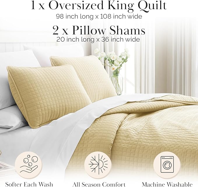 Southshore Fine Living, Inc. King Quilt Bedding Set, Soft, Lightweight Quilt, King Size Coverlet, Stain & Pet Hair Resistant Bedding, Standard or California Size with 2 Pillow Shams, Gold