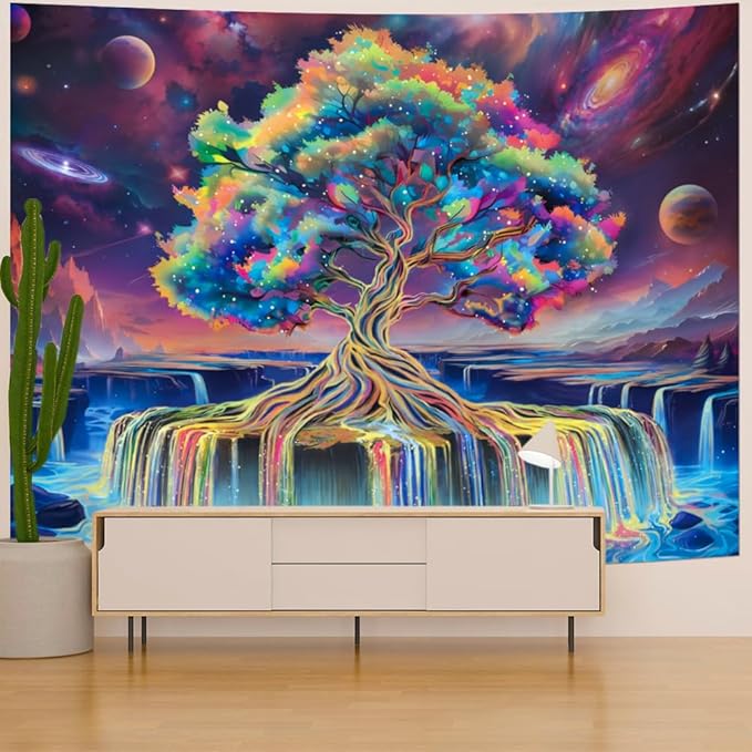 Obsecolors Blacklight Tree of Life Tapestry UV Reactive Waterfall Tapestry Galaxy Space Tapestries Aesthetic Tree Wall Art Colorful Starry Sky Tapestries Wall Hanging for Bedroom