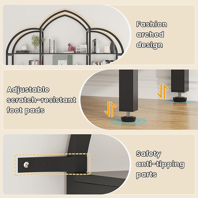 Semoic 85.8" Tall Arched Bookshelf with Door, 5-Tier Etagere Bookcase with Storage Cabinet Shelf, Triple Wide Industrial Bookshelf, Free Standing Display Shelf for Living Room Home Office, Black