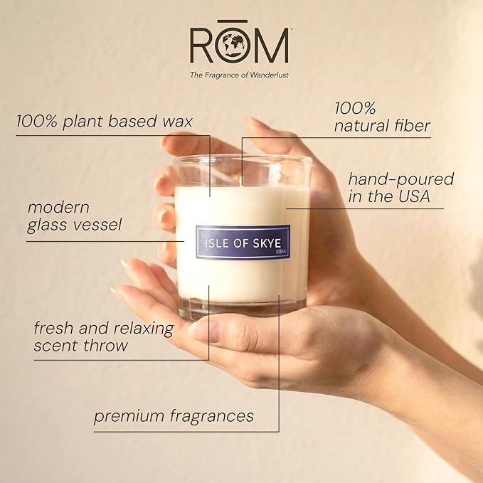RŌM Luxury Scented Candles for Home, Isle of Skye - Soy Wax 9oz, Jar Soy Candles for Home Scented Aromatherapy, Christmas Gift for Women, 60 Hours Burn Time