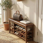 Solid Rubberwood Shoe Bench with Cushion, 3-Tier Entryway Bench with 14.6" Tall Boot Storage, Adjustable Shelves Shoe Rack Bench Used for Mudroom, Bedroom, Hallway, Walnut Finish (39.4" W)