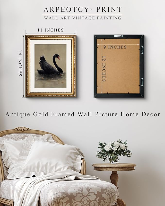ARPEOTCY Vintage Gold Framed Wall Art Decor, Black Grace Swan Canvs Art for Living Room Bedroom Office, 11x14 Inch Vintage Animal Oil Painting Picture Bathroom Wall Decor Aesthtic