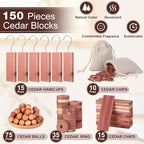 Geetery 150 Pcs Cedar Blocks for Clothes Storage Aromatic Planks with Metal Hooks Cedar Chips and Balls Wooden Scented Accessories for Drawer Closet Freshener