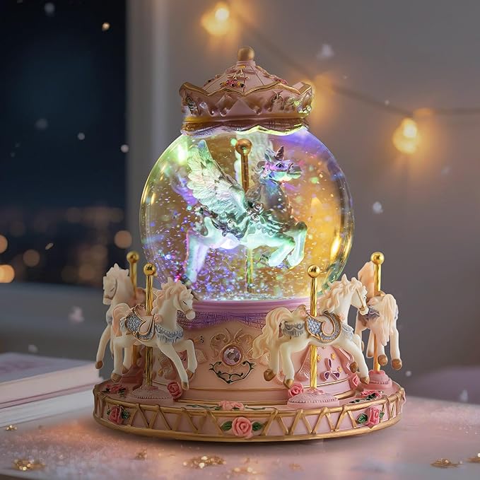 Music Box Unicorn Carousel Horses Snow Globe Gifts, Birthday Gift for Daughter Girls Women, Musical Carousel for Wife Friend Sister Anniversary Christmas Play You are My Sunshine