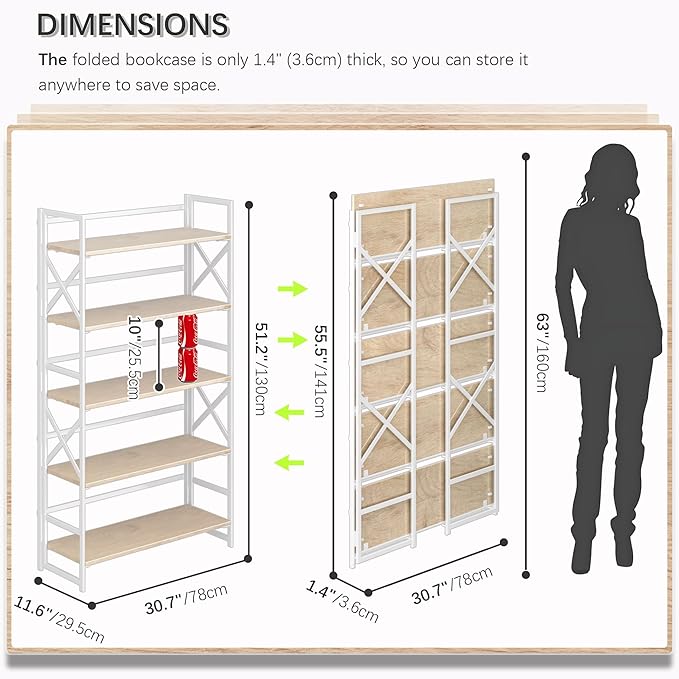 4NM Extra Wide 5 Tiers No Assembly Book Shelves, 51.2" H Folding Bookshelf Bookcase Open Industrial Foldable Shelves for Bedroom, Living Room, Home Office - Natural White