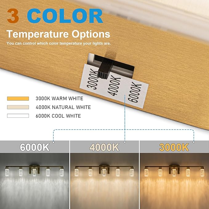 SineRise 5-Light Gold Vanity Light with 3 Color Modes (3000K/4000K/6000K), Eye Protection LED Bathroom Light Fixture, Dimmable Modern Wall Light Over Mirror with Clear Glass Shade