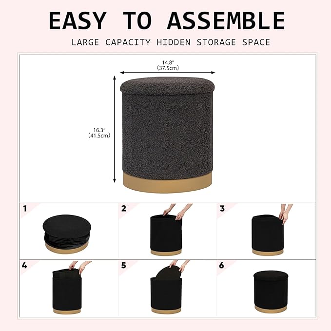 Round Storage Ottoman with Reversible Tray Top, 16.3" Boucle Ottoman Footrest Stool with Metal Base, Upholstered Vanity Stool with Storage for Living Room Bedroom, Black