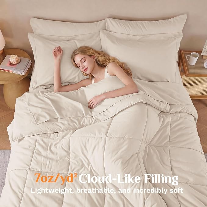 JOLLYVOGUE Queen Comforter Set, Ultra-Soft Bed in a Bag Queen Size 7 Pieces, Oeko-TEX Certified Bedding Set with Down Alternative Comforter, Sheets, Pillowcases & Shams, Beige
