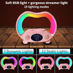 IHAO 6in1 Wireless Charging Station with Bluetooth Speaker Time&Temperature Display Alarm Clock 7-Color LED Night Lights Fast Charger for Phone, Apple Watch, Earbuds Remote Control Auto Shutoff-Pink