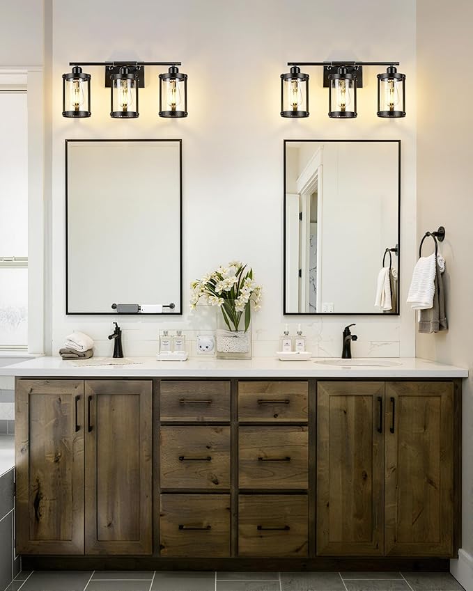 3-Light Black Bathroom Light Fixtures, 21 Inch Modern Bathroom Vanity Lighting Fixtures Over Mirror with Clear Glass and Metal Cage Wall Sconce Lights for Bath, E26, OS-3014BK-3W