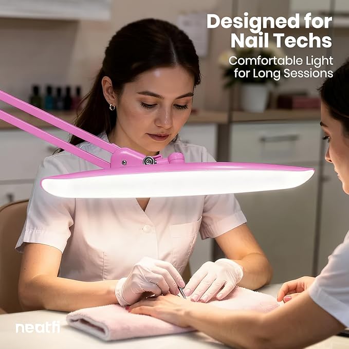 Neatfi XL Nail Desk Lamp with Clamp, 2200 Lumens, 20-Inch Wide Head, Dimmable 4 Levels, 6500K, LED Task Light for Manicure Table, Crafts, Workbench, Office (Non-CCT, Pink)