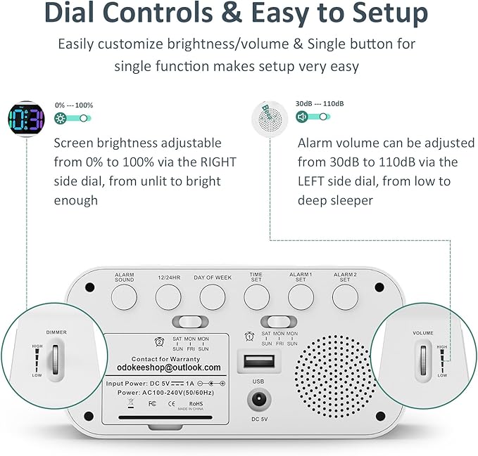 Dual Colorful Alarm Clock for Kids Bedroom - 0-100% Dimmer, 5 Alarm Sounds, USB Charger, Easy to Set, Weekday/Weekend Mode, Snooze, 12/24Hr, Battery Backup, Digital Clock for Teens Boys Bedside