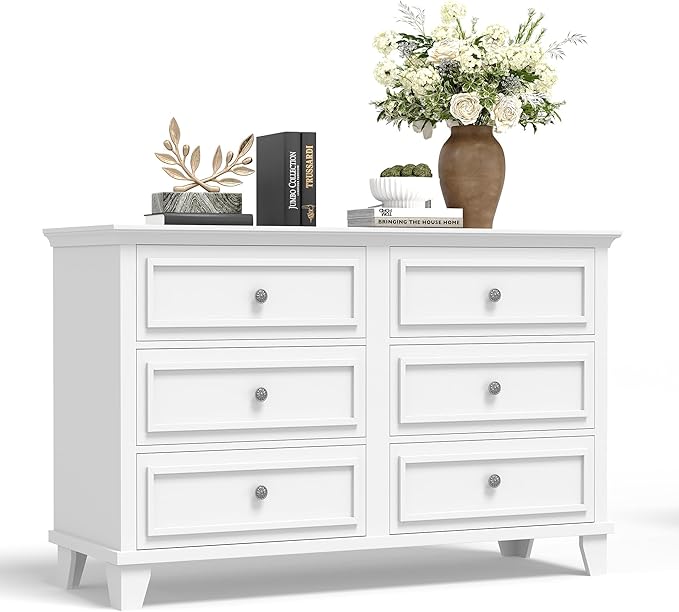 GarveeHome Farmhouse White Dresser for Bedroom with 6 Drawer, Double Dresser TV Stand with Vintage Handle, Wide Wood Dressers & Chests of Drawers, 6 Drawer Dressers for Bedroom, Living Room, Hallway