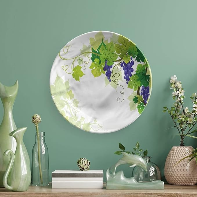 XISUNYA 8 Inch Decorative Plate, Vine Ceramic Stoneware, Grapes with Fresh Foliage Print Ceramic Wall Hanging for Fine Dining Upscale Events, Dinner Parties, Weddings, Catering, Muticolor