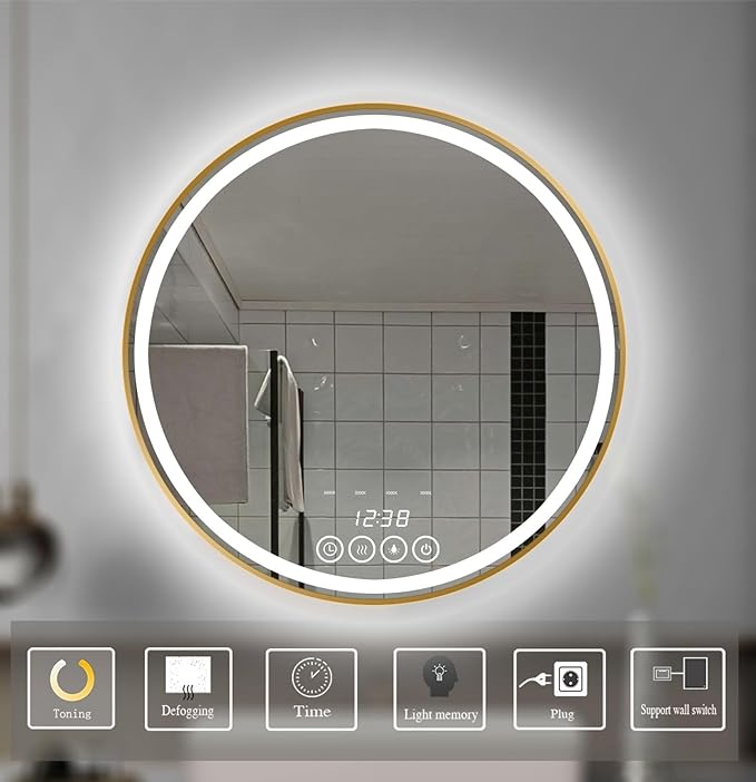 28 Inch Wall-Mounted Round Bathroom Mirror with LED-Lights - Frame Vanity Mirrors (28" x 28", Gold)