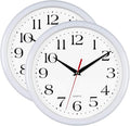 Bernhard Products White Wall Clocks 10 Inch, Set of 2 Silent Non Ticking Quality Quartz Battery Operated Round Easy to Read Home/Office/Kitchen/School Classroom Clock