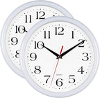Bernhard Products White Wall Clocks 10 Inch, Set of 2 Silent Non Ticking Quality Quartz Battery Operated Round Easy to Read Home/Office/Kitchen/School Classroom Clock