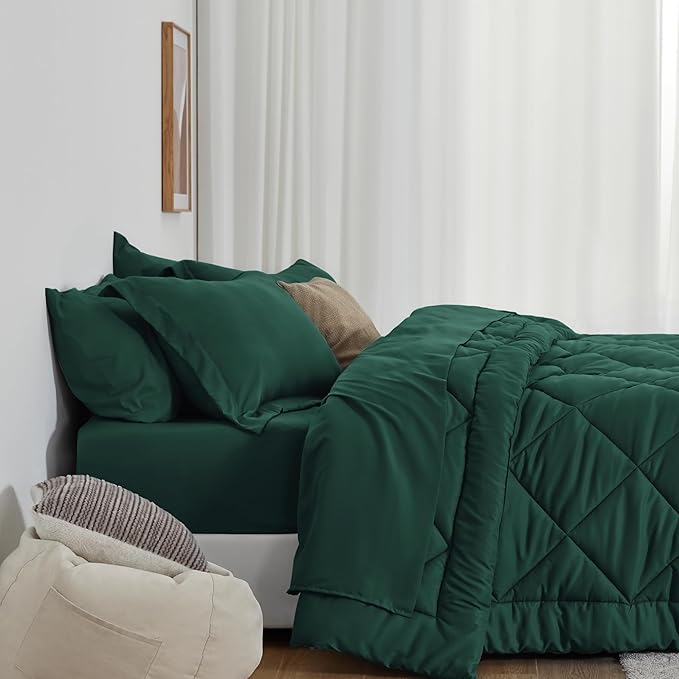 Love's cabin California King Comforter Set Dark Green, 7 Pieces California King Bed in a Bag, All Season Bedding Sets with 1 Comforter, 1 Flat Sheet, 1 Fitted Sheet, 2 Pillowcase and 2 Pillow Sham