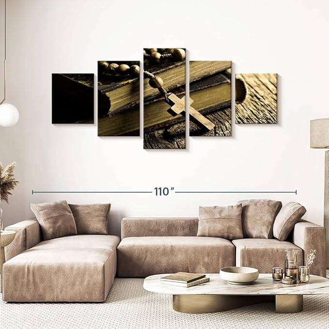 Elephant Stock Bible And Cross Wall Art Multi Piece Canvas - 5 Panel Christian Pictures Decor - Digital Design Canvas Print - Christian Wall Decor - 92" X 42"