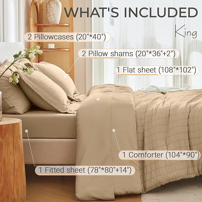 MUXHOMO 7 Pieces King Comforter Set, Seersucker Bed in a Bag King Size, All Season Luxury Bedding Set with Comforter, Flat Sheet, Fitted Sheet, Pillowcases & Shams, Khaki