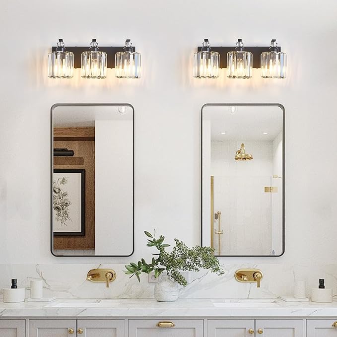3-Light Black Bathroom Light Fixture Modern Vanity Lights Over Mirror Vintage Wall Sconce Lighting for Bathroom, Bedroom, Living Room, Hallway E26 Base with Crystal Bathroom Vanity Light
