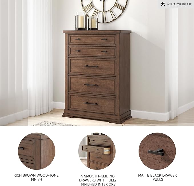 Signature Design by Ashley Taffenbrook Farmhouse 5-Drawer Chest with Felt-Lined Top Drawer and Easy Glide for Bedroom, Dark Brown