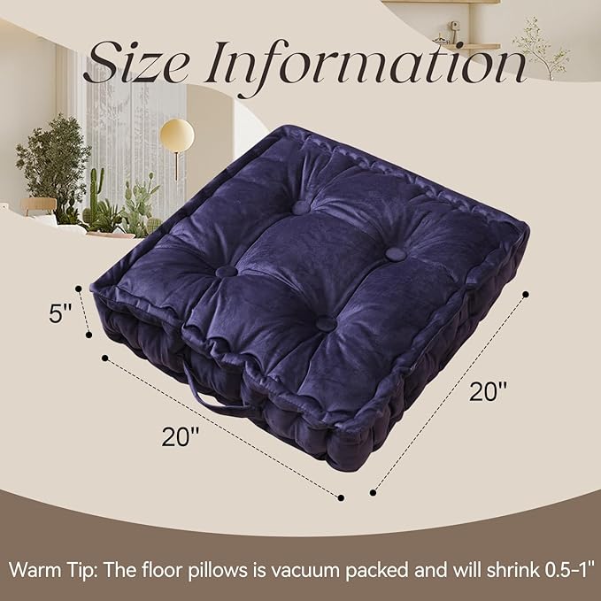 Square Floor Pillows, Large Floor Cushion for Adults Kids, Meditation Floor Pillow Seating Cushion with Shredded Memory Foam and Silk Wadding, 20"x20"x5" Navy 2 Count