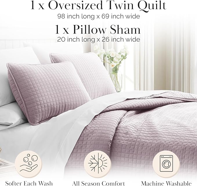 Southshore Fine Living, Inc. Twin Quilt Bedding Set, Soft Brushed Microfiber Quilt, Twin Coverlet Bedspread, Wrinkle & Pet Hair Resistant Bedding, Easy Care, with 1 Pillow Sham, Lavender