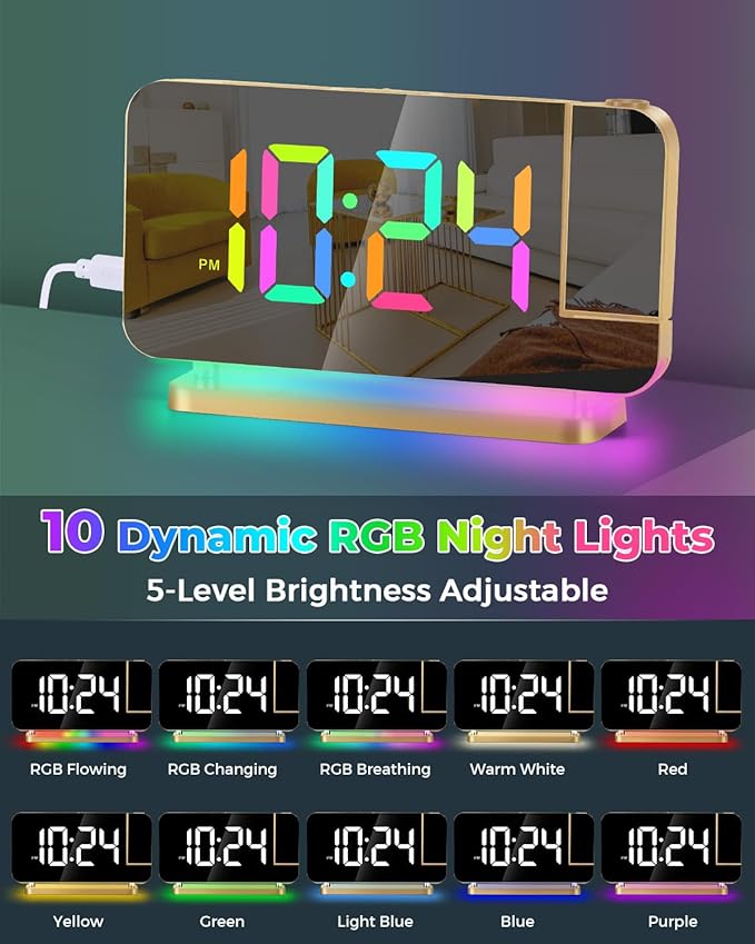 SZELAM Projection Alarm Clock,7.4" LED Mirror Digital Clocks Large Display,with 180° Rotatable Projector,RGB Night Light,USB C Port,Auto Dimmer, Loud Desk Clock for Heavy Sleeper Bedroom - Gold