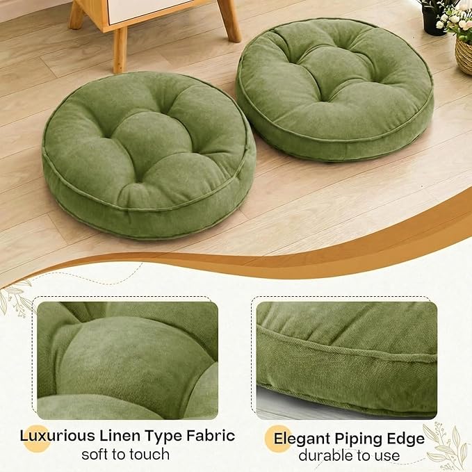 Floor Pillow Set of 2, Memory Foam Floor Cushions for Adults, Large Meditation Pillow for Sitting, 22 x 22 Inches (Round | Green)